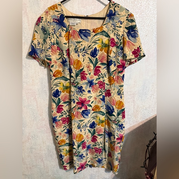 Vintage Maggy London Vibrant Floral Silk Midi Dress, Sz 14 - Picture 1 of 8